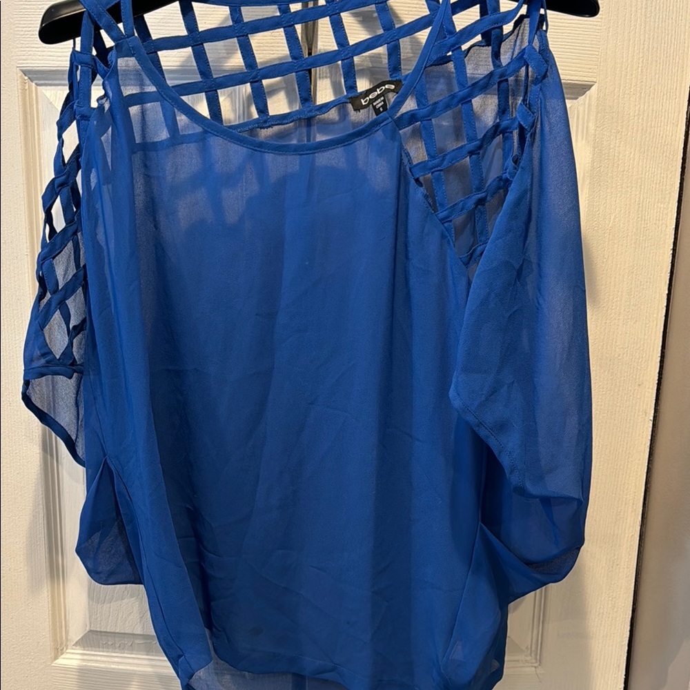 bebe Blue Blouse with Cut Out Shoulders and Scoop Neckline